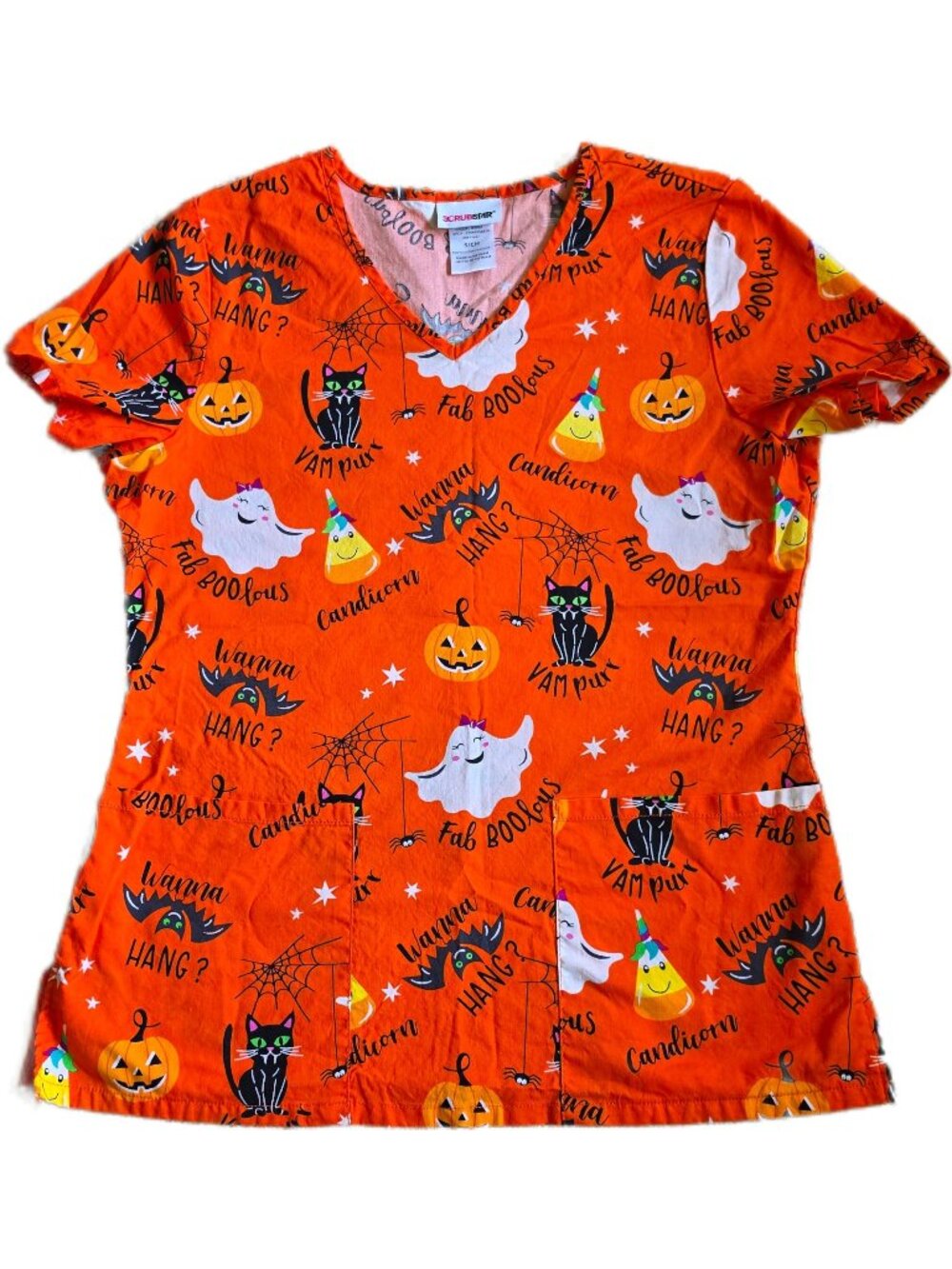 Scrubstar Halloween Scrub Top Small S Orange Ghost Cat Pumpkins Cotton GUC